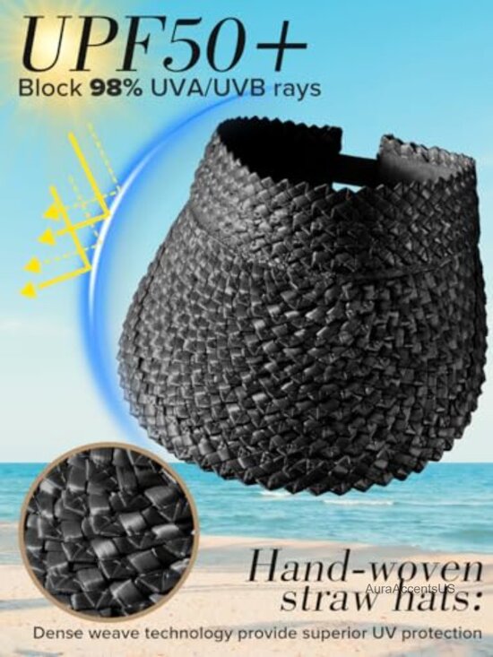 Straw Sun Visor UPF 50+ Packable Beach Hat Adjustable Hook and Loop main image 7